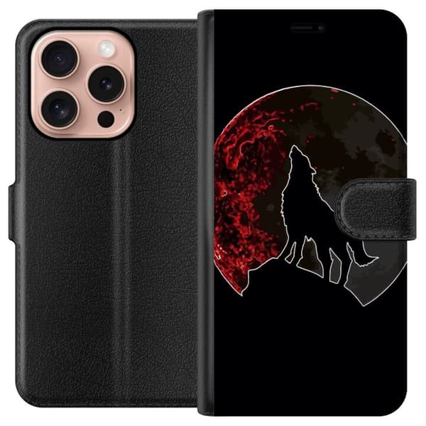 Kompatibel Tegnebogsetui til Apple iPhone 16 Pro Sort silhuet af en hylende ulv foran en dramatisk rød måne mod sort baggrund sort