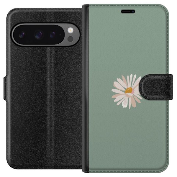 Google Pixel 9 Pro XL Plånboksfodral Grön Minimalblomma – stilren blomma på grön bakgrund