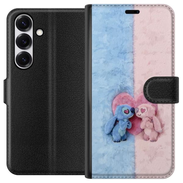 Kompatibel Tegnebogsetui til Samsung Galaxy S26 Søde blå og lyserøde figurer foran et stort lyserødt hjerte pink