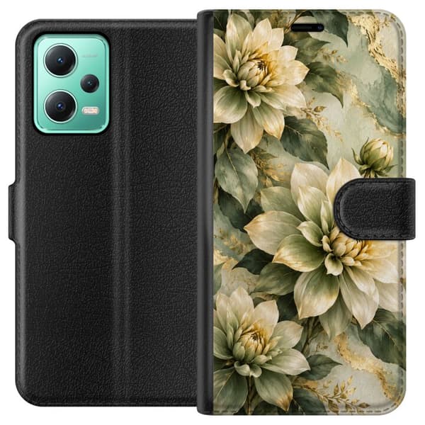Kompatibelt Lommeboketui til Xiaomi Redmi Note 12 Elfenbensdahliaer grønn
