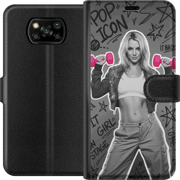 Kompatibel Tegnebogsetui til Xiaomi Poco X3 NFC Blond popartist i sort-hvid med lyserøde håndvægte og graffiti mod grå baggrund grå