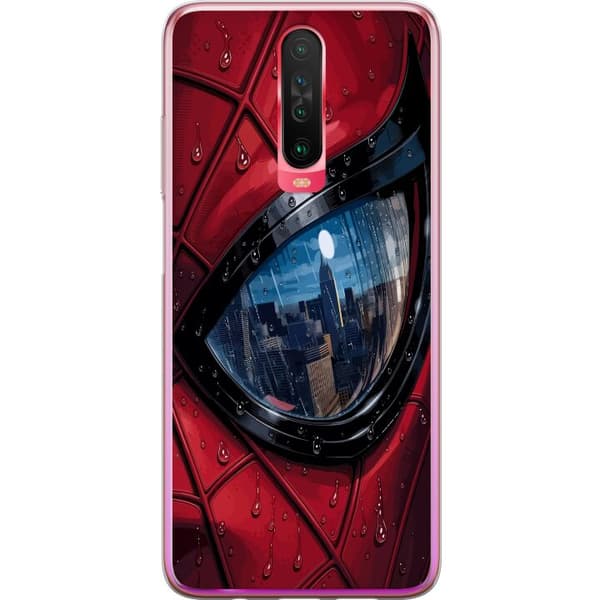 Kompatibelt Mobildeksel til Xiaomi Redmi K30 Nærbilde av Spider-Man-maske med regndråper og byrefleksjon i øyet rød