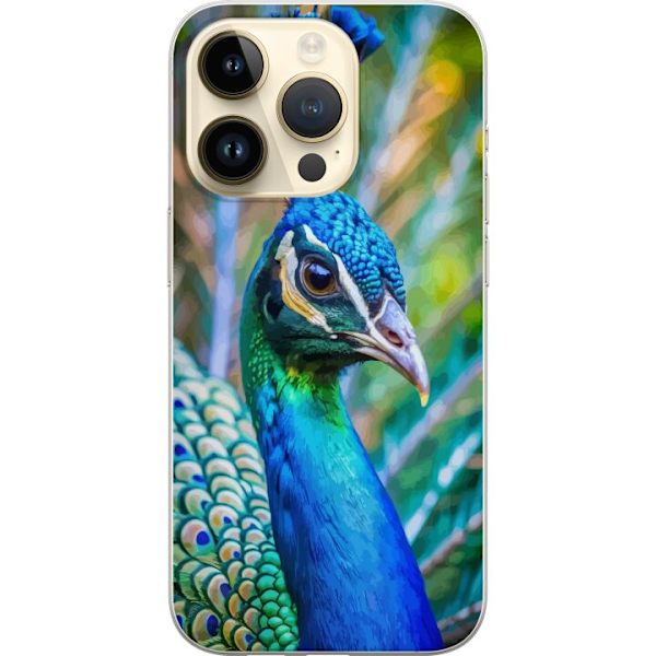 Apple iPhone 14 Pro Gennemsigtig cover Påfugle Fjer Farverig Design Fuglemotiv Eksotisk Grafisk Motiv Natur Luksuriøs Dekoration