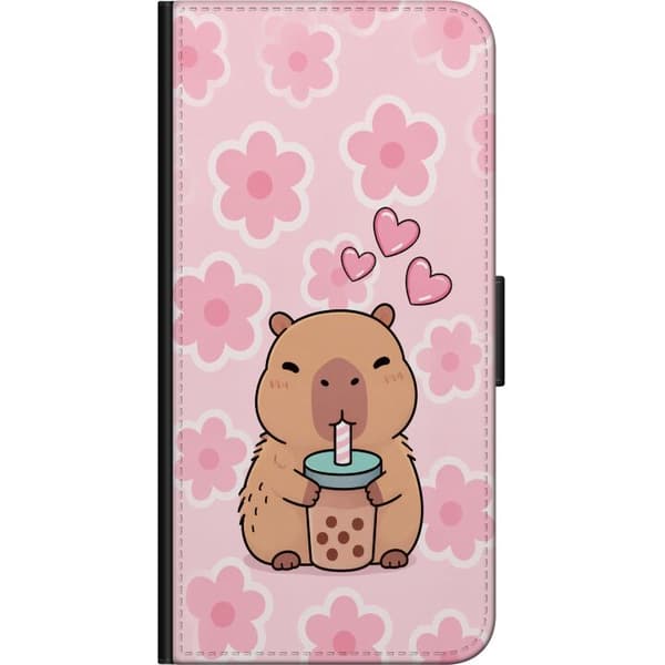 Kompatibel Tegnebogsetui til Xiaomi Redmi Note 8 Pro  Sød tegnet kapybara, der drikker bubble tea blandt lyserøde blomster og skinnende hjerter på ly pink