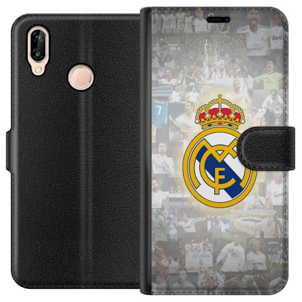 Huawei P20 lite Tegnebogsetui Real Madrid Emblem Fodbold Klubmærke Hvid Guld Design Champions League Mester La Liga Fans Ikonisk