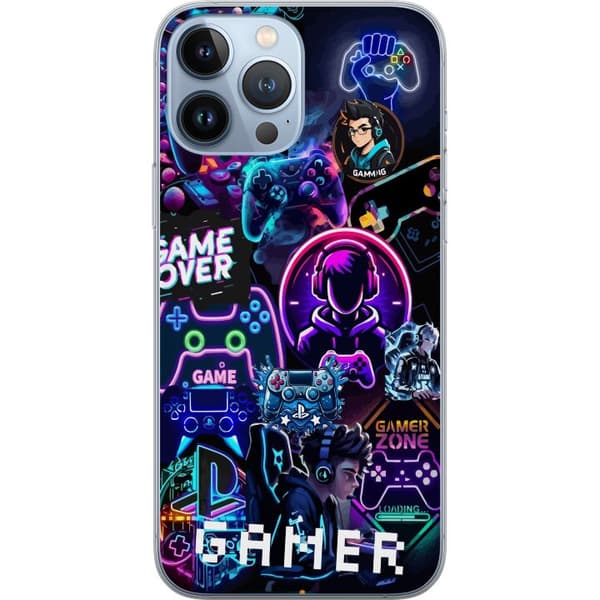 Kompatibelt Mobildeksel til Apple iPhone 13 Pro Max Neon gamer-collage med konsoller, headset og gaming-vibber
