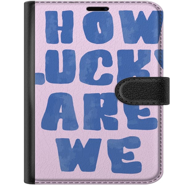 Kompatibel Tegnebogsetui til Apple iPhone Duo Stor blå ”How Lucky Are We”-tekst på lyserød baggrund pink