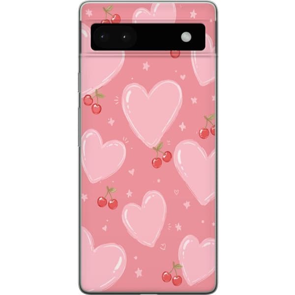 Kompatibelt Mobildeksel til Google Pixel 6a Rosa mønster med store hjerter, røde kirsebær og små stjerner rosa