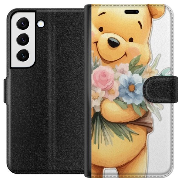 Samsung Galaxy S22 5G Tegnebogsetui Nalle Puh med blomster - klassisk børnefavorit i en blomstrende forårs miljø