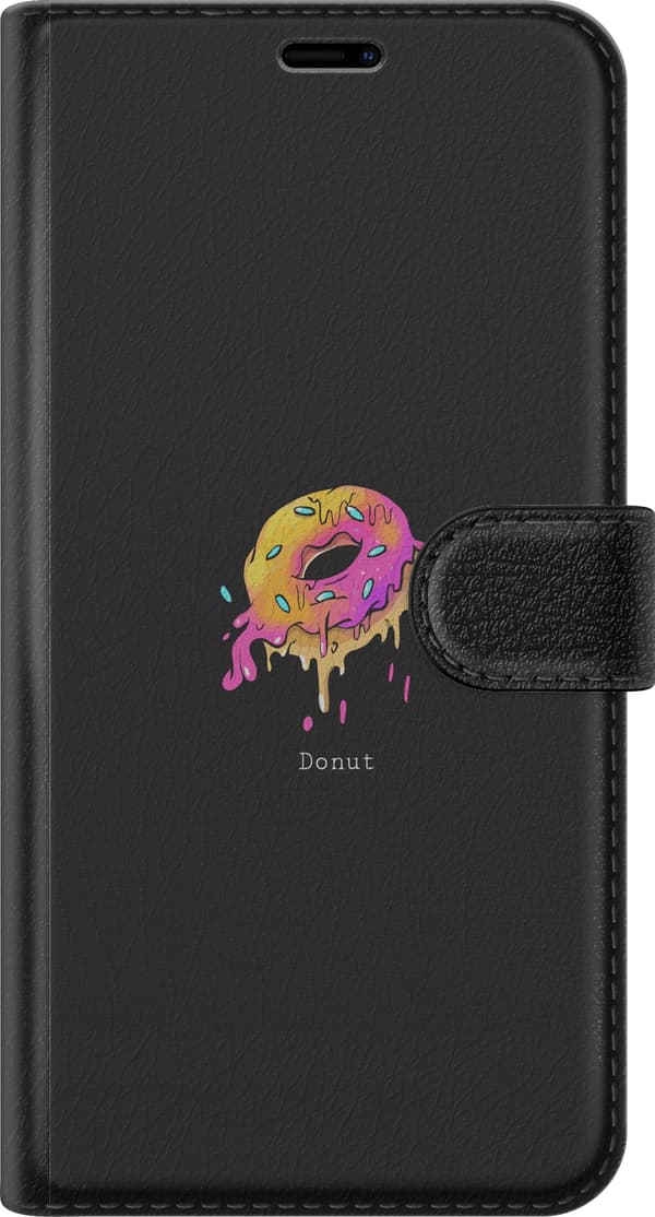 Kompatibel Tegnebogsetui til Apple iPhone 8 Plus Farverig illustreret donut med lyserød og gul glasur på sort baggrund sort