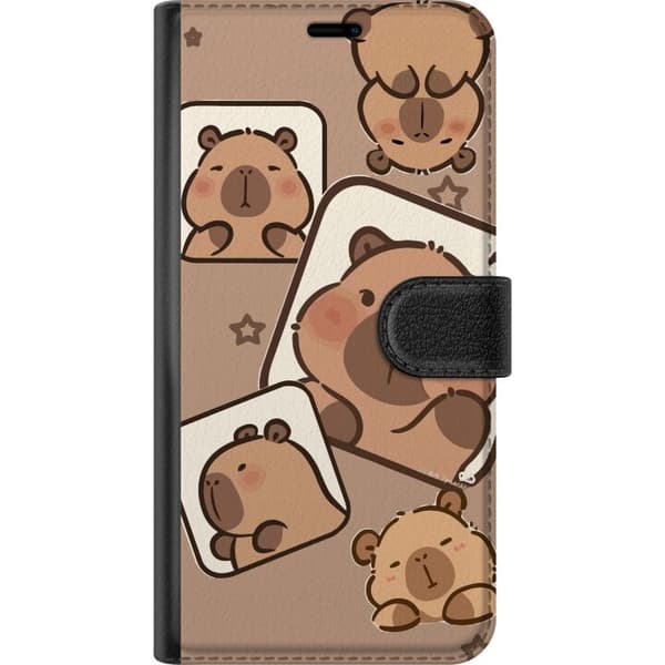 Kompatibel Tegnebogsetui til Xiaomi Redmi Note 12 Pro Søde tegnede kapybaraer med forskellige udtryk og små stjerner på beige baggrund brun