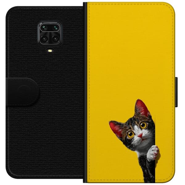 Kompatibel Tegnebogsetui til Xiaomi Redmi Note 9 Pro Sød kat, der kigger ud mod gul minimalistisk baggrund gul