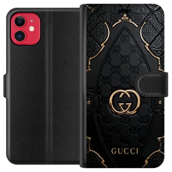 Kompatibel Tegnebogsetui til Apple iPhone 11 Sort quiltet monogrammønster med dekorative gulddetaljer og emblem sort