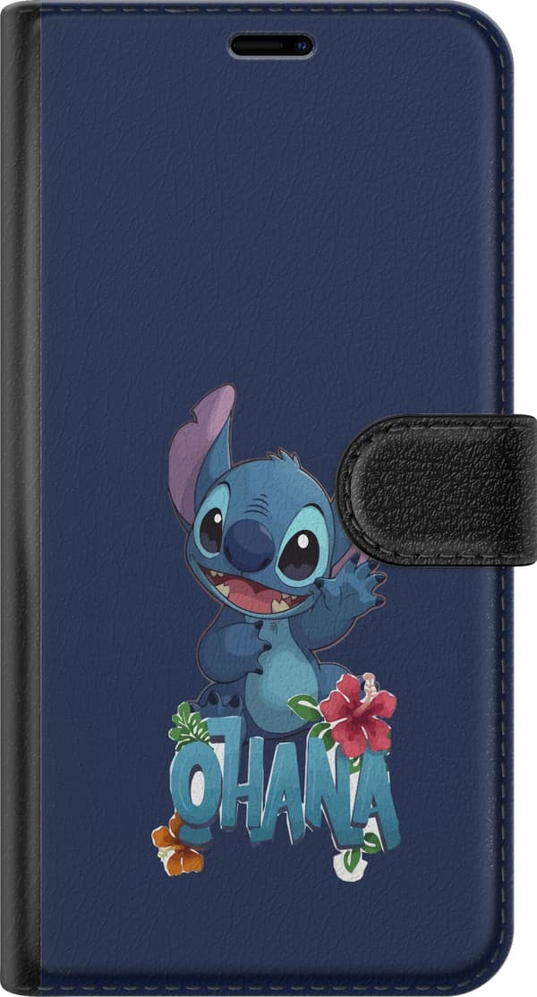 Kompatibel Tegnebogsetui til Apple iPhone 12 Charmerende blå tegnet figur, der vinker over tekst og tropiske hibiscusblomster mod mørkeblå baggrund blå