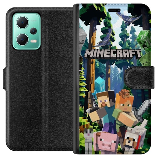 Xiaomi Redmi Note 12 Lompakkokotelo Minecraft-matkapuhelinkotelo metsällä ja pikselityylisillä hahmoilla