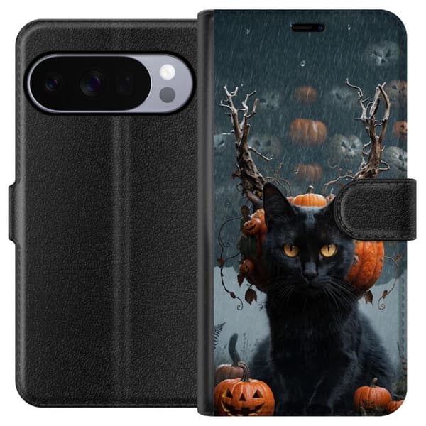 Kompatibel Tegnebogsetui til Google Pixel 11 Pro Sort kat med græskar og en uhyggelig Halloween-baggrund i regn sort