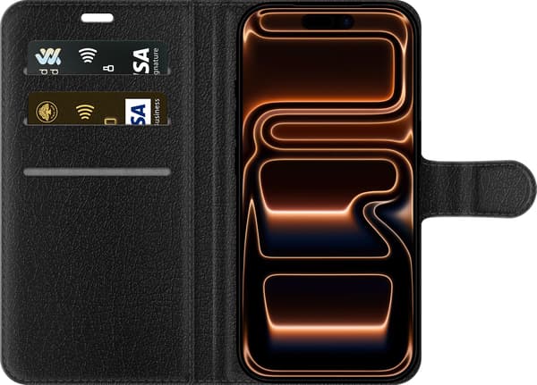 Kompatibel Tegnebogsetui til Apple iPhone 17 Pro Stor blå blomst med lyserøde konturer, gule detaljer og teksten Perfect Is Boring blå