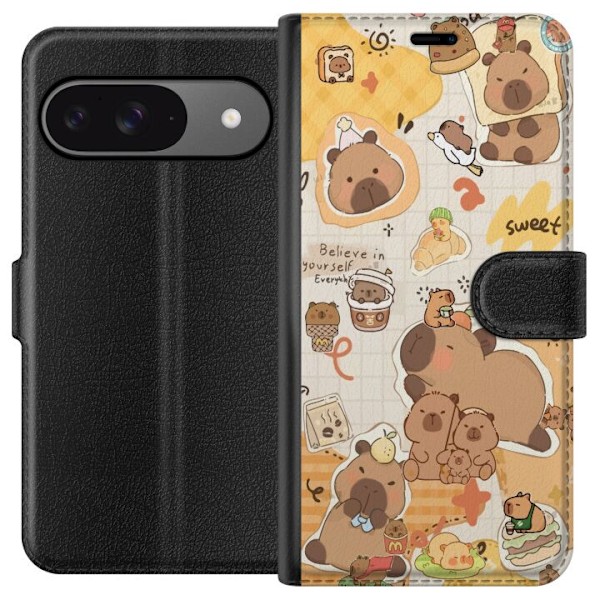 Google Pixel 9 Pro Lompakkokotelo Kawaii capybara mobilskal med gulliga djurmotiv