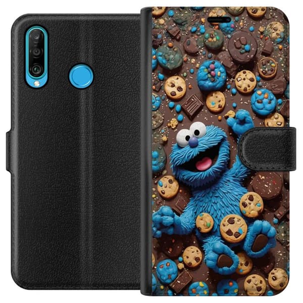 Kompatibelt Plånboksfodral till Huawei P30 lite Lekfull blå tecknad figur omgiven av kakor blå