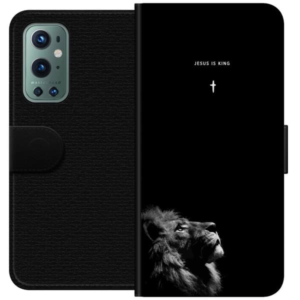 Kompatibelt Plånboksfodral till OnePlus 9 Pro Lejon med Jesus is King citat svart