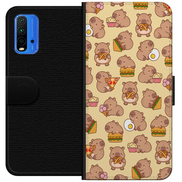 Xiaomi Redmi Note 9 4G Tegnebogsetui Kawaii capybara mobilcover med flere søde figurer
