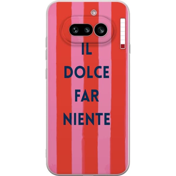 Kompatibelt Mobildeksel til Nothing Phone (4a) Teksten Il Dolce Far Niente i mørkeblått mot håndmalte rosa og røde striper rosa