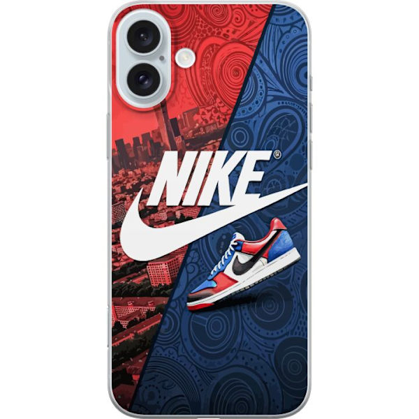 Apple iPhone 16 Plus Genomskinligt Skal Nike Logotyp Röd Blå Sneaker Stil Sport Fashion Populärt Swoosh Motiv Träningskläder Grafisk Ikon