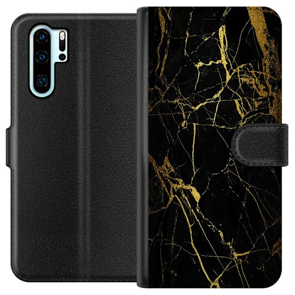 Huawei P30 Pro Tegnebogsetui Marmor Sort & Guld
