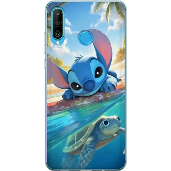 Huawei P30 lite Genomskinligt Skal Stitch med sköldpadda – söt blå alien i tropisk strandmiljö från Disney