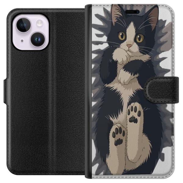 Kompatibel Tegnebogsetui til Apple iPhone 14 Plus Illustreret sort-hvid kat med synlige poter og store gule øjne sort