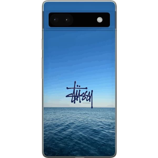 Kompatibelt Mobildeksel til Google Pixel 6a Havspanorama med blå himmel og stilig surf-inspirert logo blå