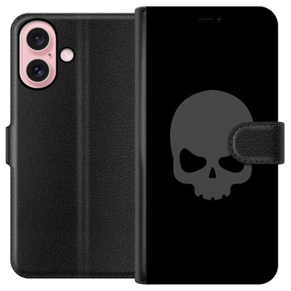 Kompatibel Tegnebogsetui til Apple iPhone 16 Enkel dødningehoved i grå tone mod sort baggrund, elegant og moderne design