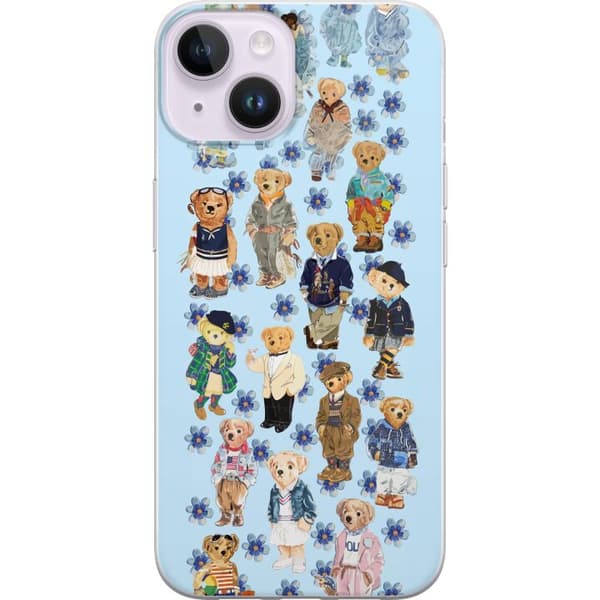 Kompatibelt Mobildeksel til Apple iPhone 14 Plus Søte teddybjørner i trendy klær med blå blomster blå
