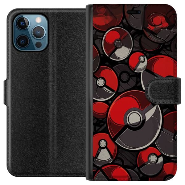 Kompatibel Tegnebogsetui til Apple iPhone 12 Pro Max Sømløst mønster med røde og sorte Pokébolde rød