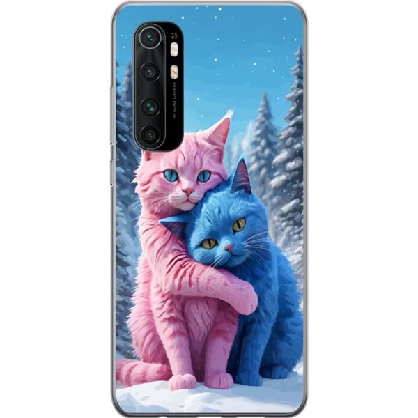 Kompatibel Mobilcover til Xiaomi Mi Note 10 Lite Søde lyserøde og blå katte, der krammer i sneklædt vinterlandskab blå
