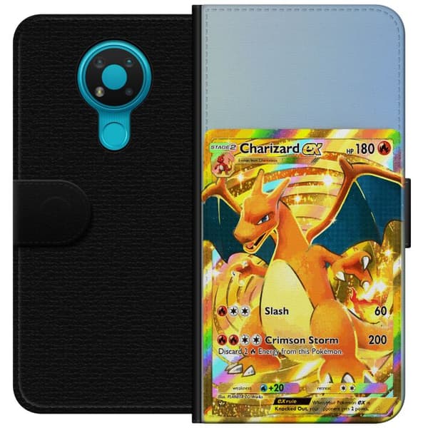 Kompatibel Tegnebogsetui til Nokia 3.4 Gylden Charizard EX samlerkort med regnbueeffekter guld