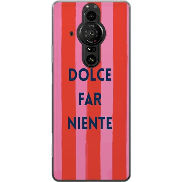 Kompatibelt Mobildeksel til Sony Xperia Pro-I Teksten Il Dolce Far Niente i mørkeblått mot håndmalte rosa og røde striper rosa
