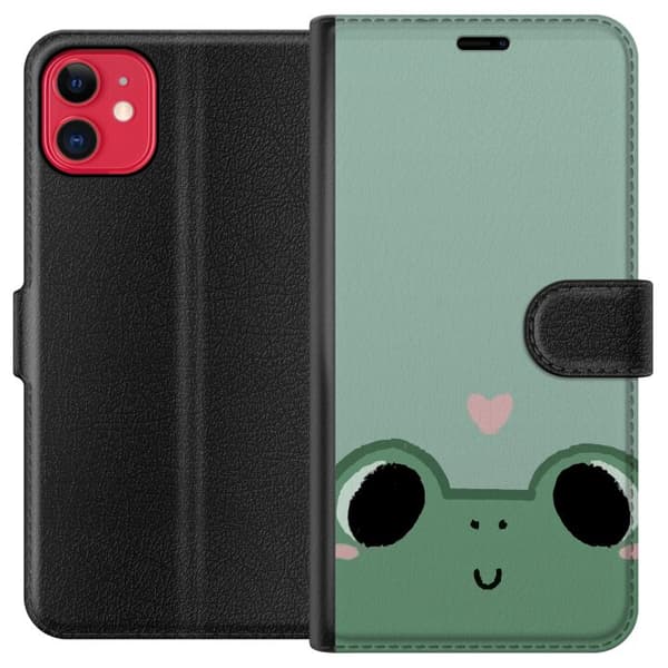 Kompatibel Tegnebogsetui til Apple iPhone 11 Minimalistisk grøn frø med store sorte øjne, lyserøde kinder og et lille lyserødt hjerte grøn