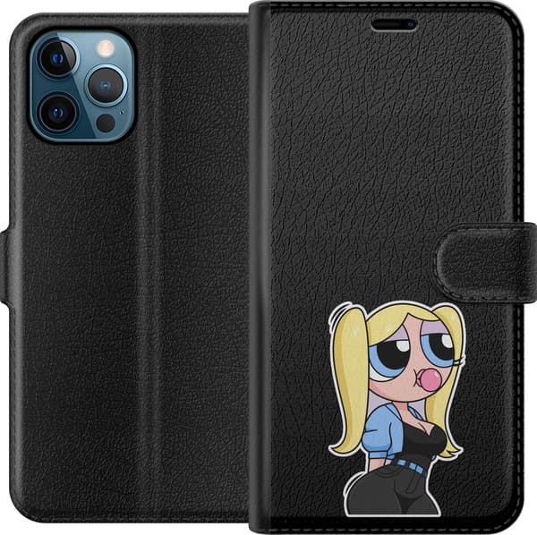 Kompatibel Tegnebogsetui til Apple iPhone 12 Pro Max Blå skjortefigur - Sort motiv med blond figur med blå skjorte. sort