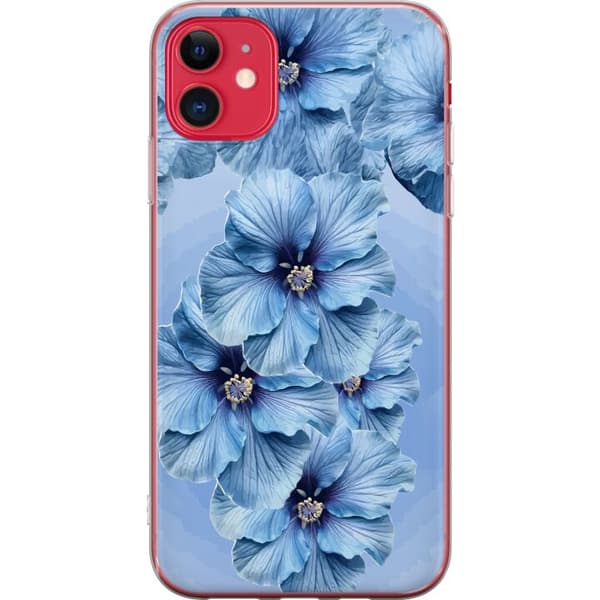 Kompatibelt Mobildeksel til Apple iPhone 11 Store lyseblå blomster med mørkeblå sentrum mot blå bakgrunn blå