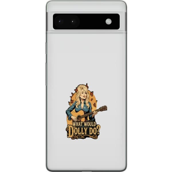 Kompatibelt Mobildeksel til Google Pixel 6a Dolly Parton illustrert med gitar, sommerfugler og teksten What Would Dolly Do i retro-westernstil grå