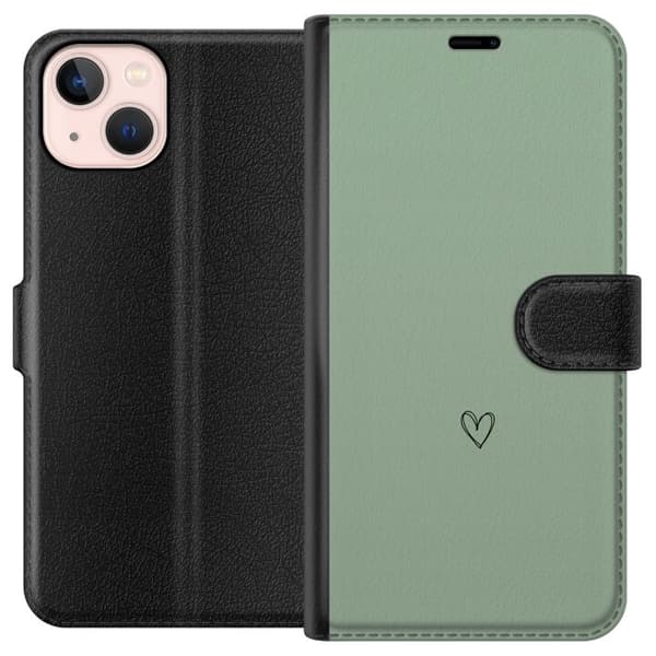 Kompatibel Tegnebogsetui til Apple iPhone 13 Minimalistisk sort håndtegnet hjerte centreret på en rolig lysegrøn baggrund grøn