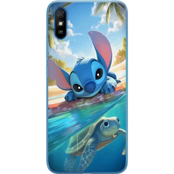 Xiaomi Redmi 9A Genomskinligt Skal Stitch med sköldpadda – söt blå alien i tropisk strandmiljö från Disney