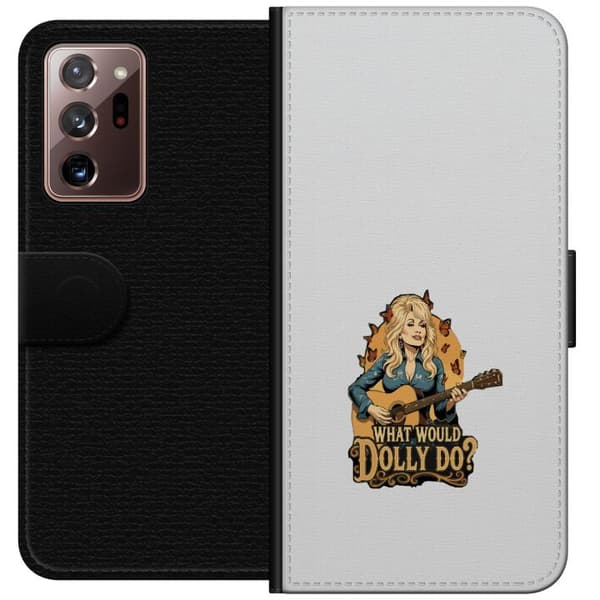Kompatibel Tegnebogsetui til Samsung Galaxy Note20 Ultra Dolly Parton med gitarr och fjärilar grå