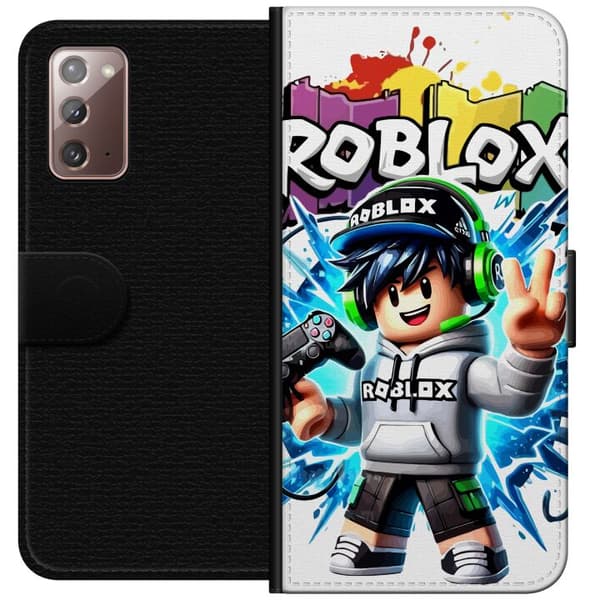 Kompatibel Tegnebogsetui til Samsung Galaxy Note20 Roblox-spilkarakter med headset og controller foran farvestænk