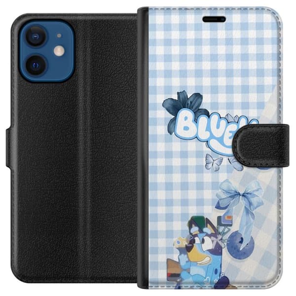 Kompatibel Tegnebogsetui til Apple iPhone 12 Bluey med blå sløjfe og ternet baggrund blå