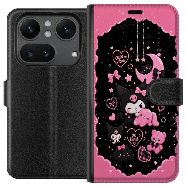 Kompatibel Tegnebogsetui til Nothing Phone 4a Pro Søde lyserøde og sorte gothfigurer med hjerter, måne, stjerner og positiv tekst sort
