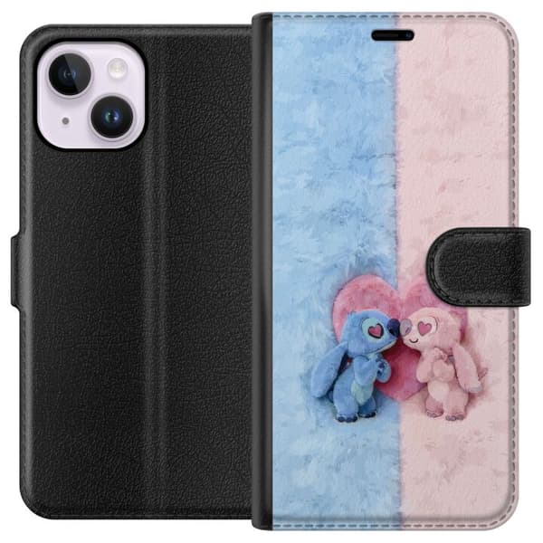 Kompatibel Tegnebogsetui til Apple iPhone 15 Plus Søde blå og lyserøde figurer foran et stort lyserødt hjerte pink