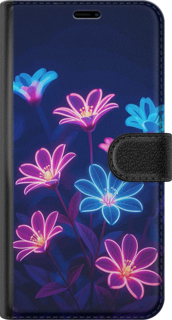 Kompatibel Tegnebogsetui til Apple iPhone 17 Blåt og lyserødt motiv med lysende neonblomster mod mørk baggrund blå