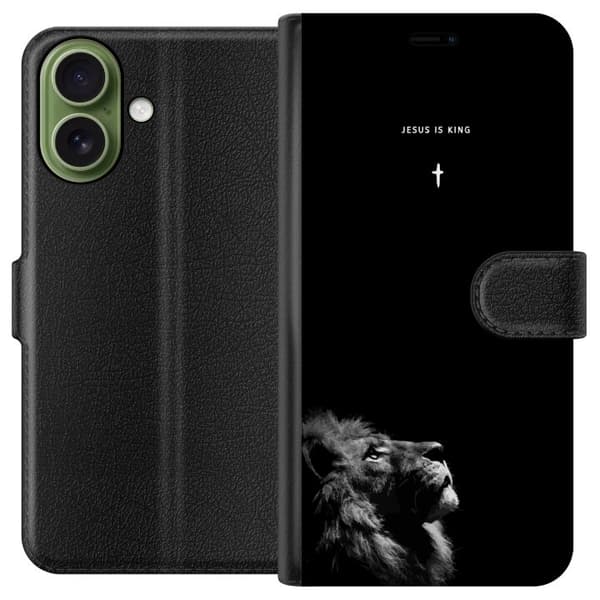 Kompatibel Tegnebogsetui til Apple iPhone 18 Lejon med Jesus is King citat sort